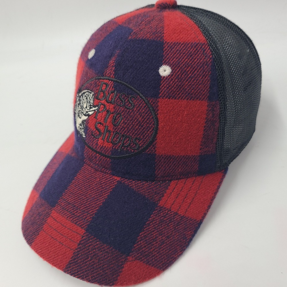 Bass Pro Shops Hat Snapback (Fits Small) Trucker Mesh Red Blue Buffalo Plaid Men